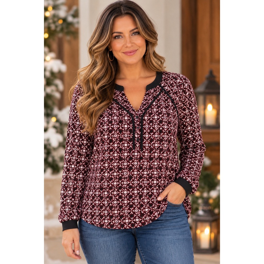 41 Hawthorn Women Burgundy Navy Geometric Henley Blouse Fall Career Size M